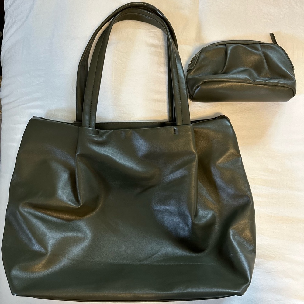 Neiman Marcus Vegan Leather Classic Olive Green Tote Bag with Matching Pouch
